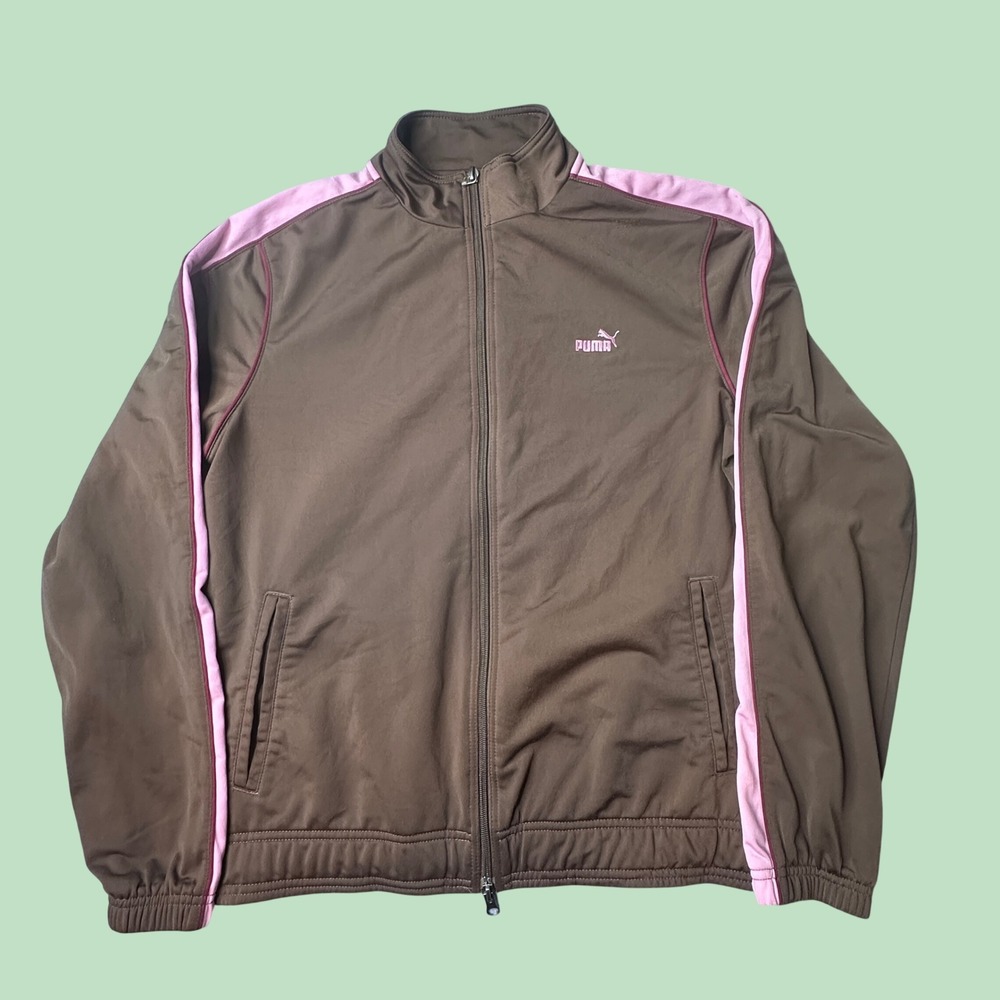 Puma Track Jacket Womens XL Brown Pink Full Zip Mock Neck Athletic 801538